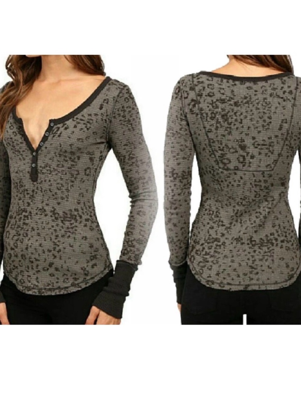 We The Free Heather Gray Long Sleeve Henley with Leopard Print